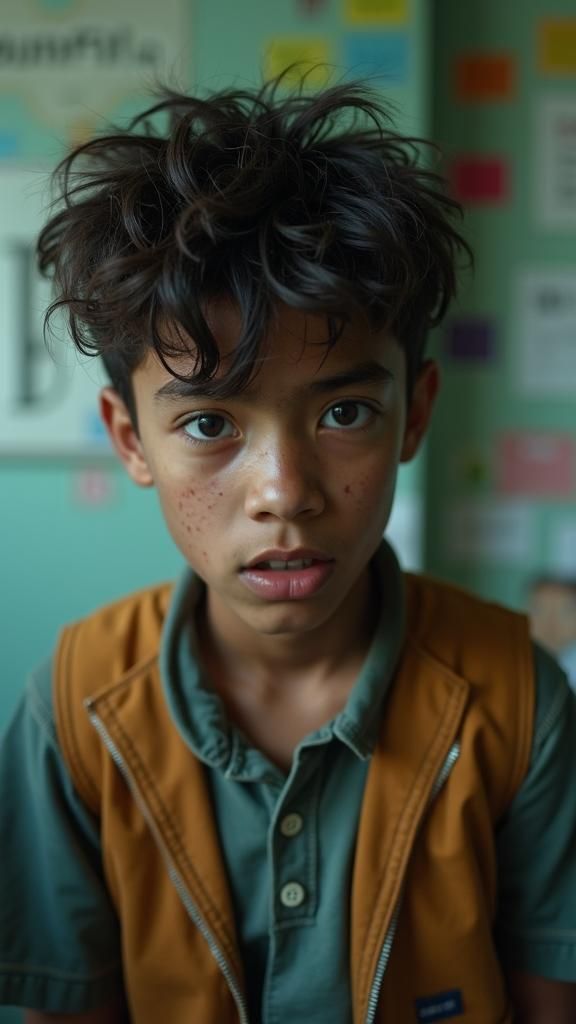 A teenager with emo hair, brown skin, pimply face, thin and ...