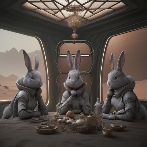 three gray rabbits laying in a rabbit cage on Mars