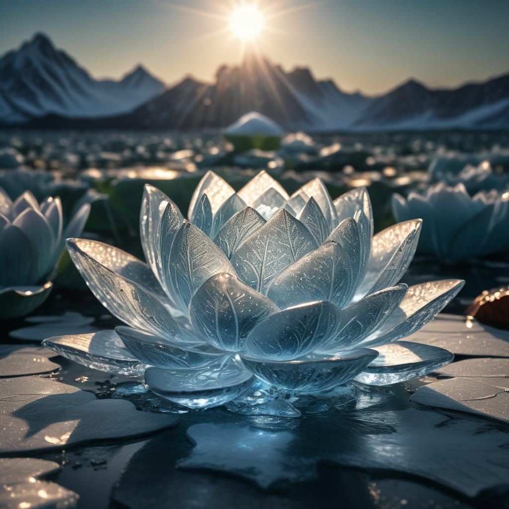 Ice Lotus Flower Under Starry Night Sky