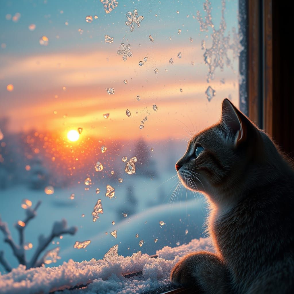 Whimsical Cat Gazing at Frosty Winter Wonderland
