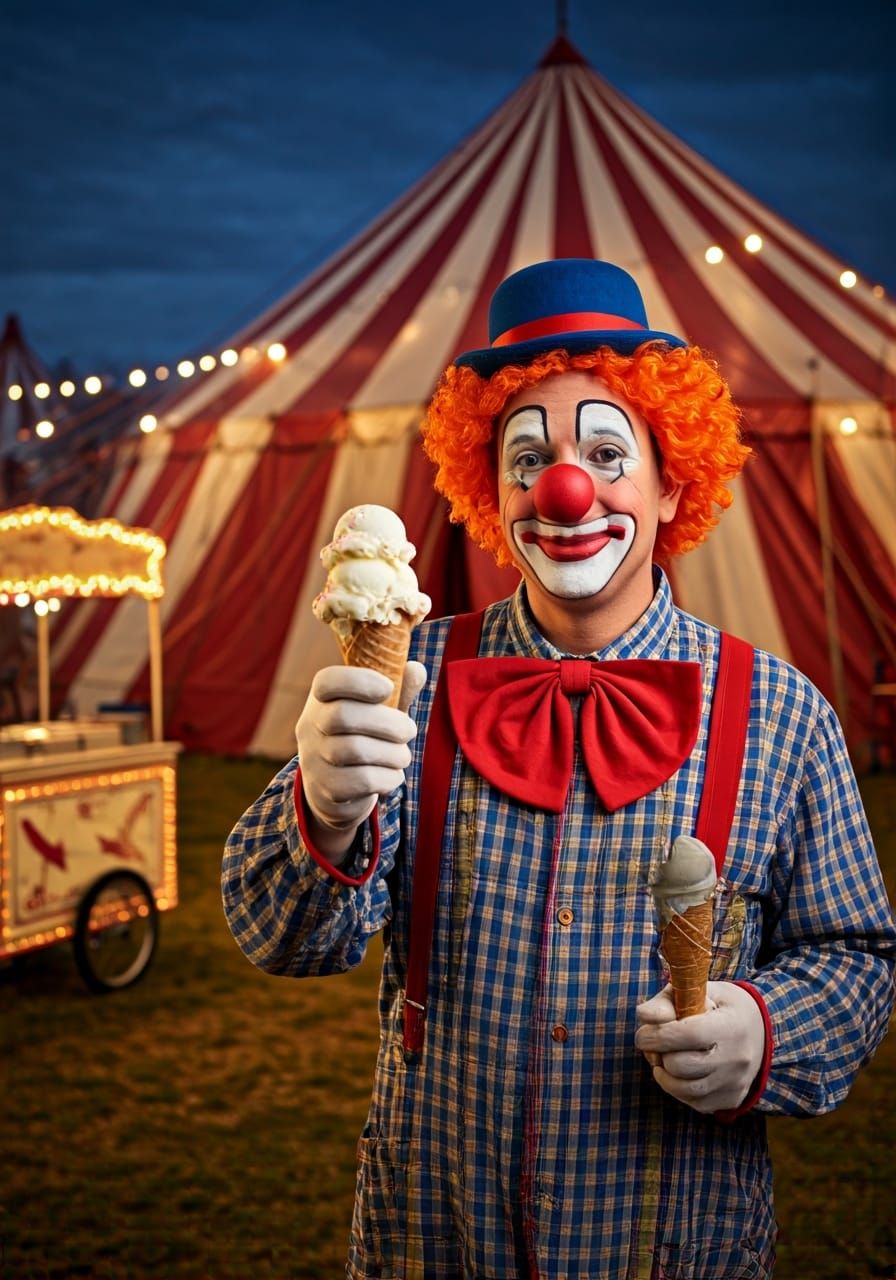 Friendly Clown Offers Vanilla Ice Cream