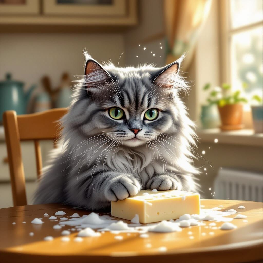 Fluffy Russian Blue Cat Eats Soap in Storybook Style