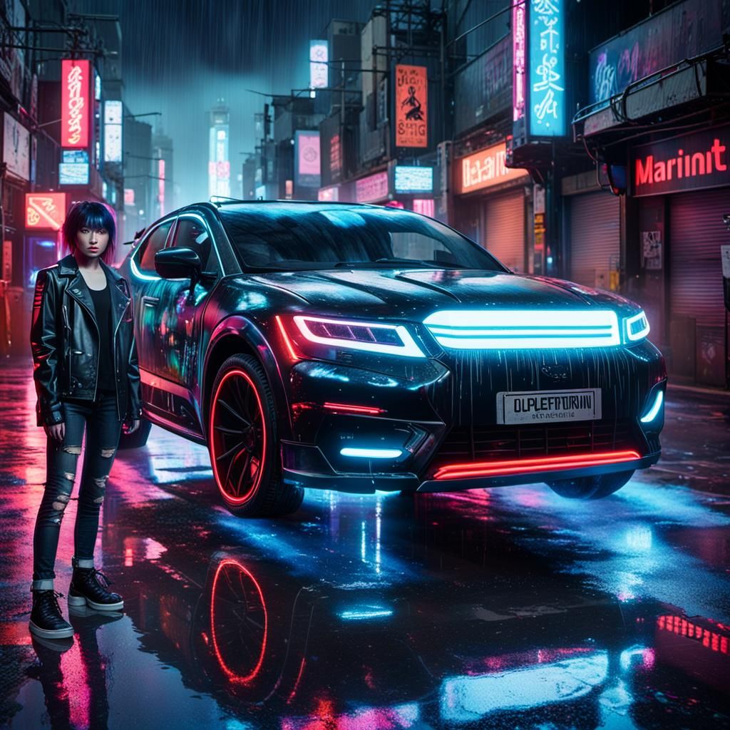 Cyberpunk Portrait of Woman in Rainy Alley