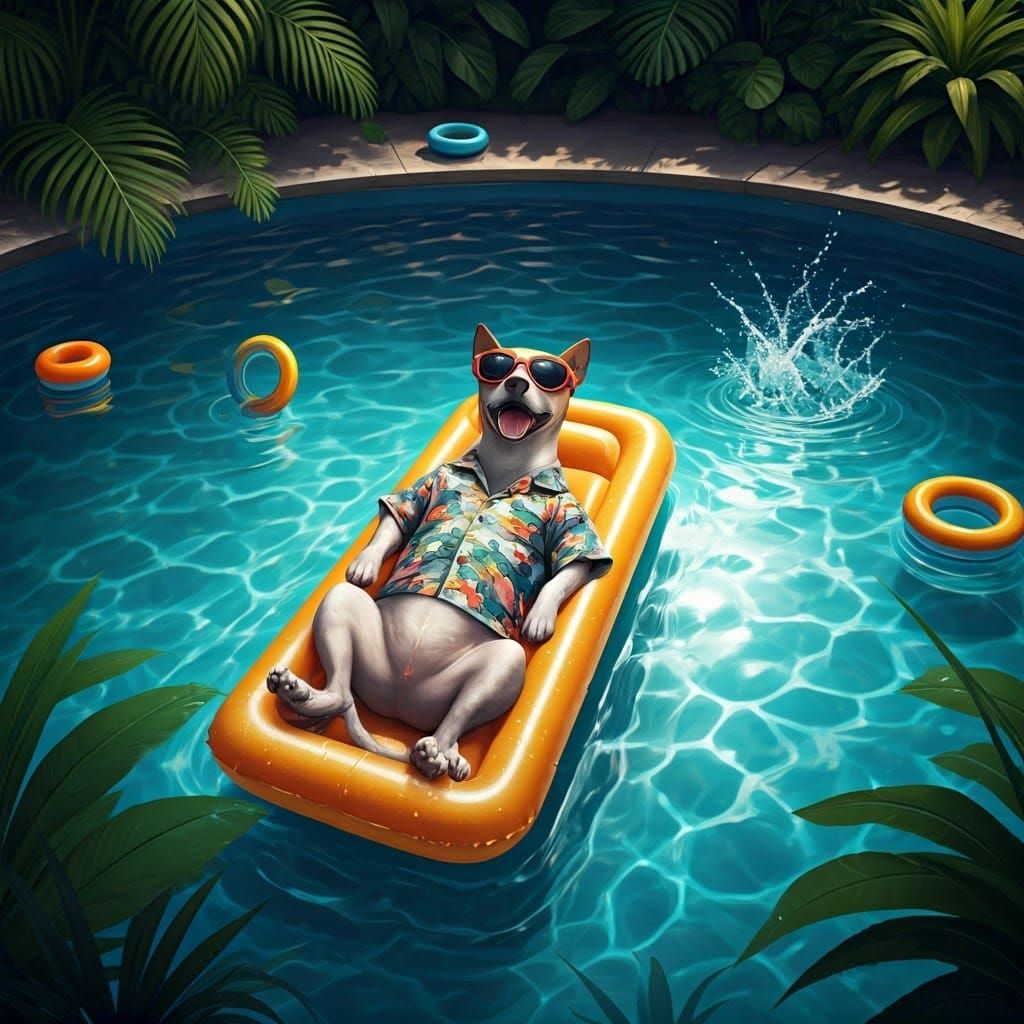 Dog in Hawaiian Shirt Floating in Pool
