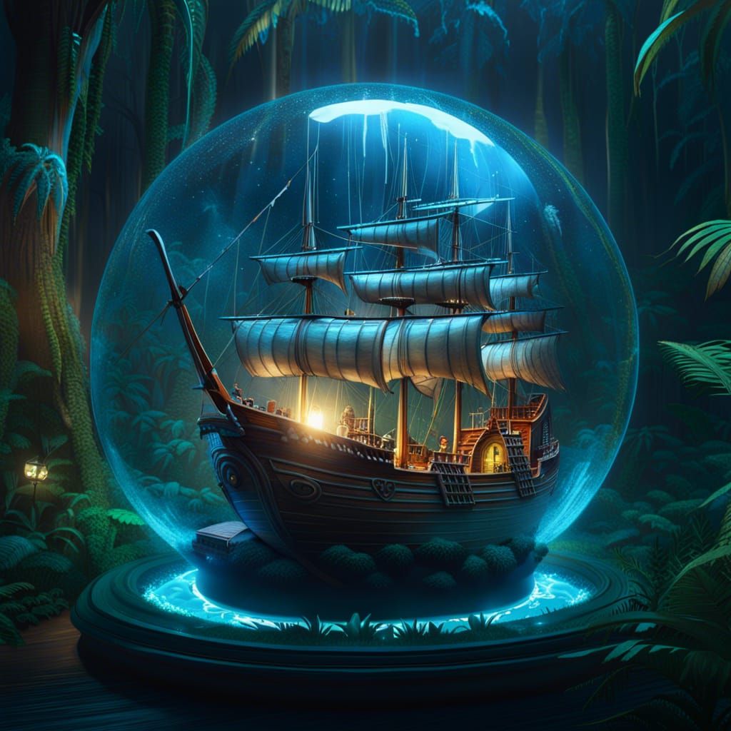 Ship in Glass Orb Amid Jungle Lightning