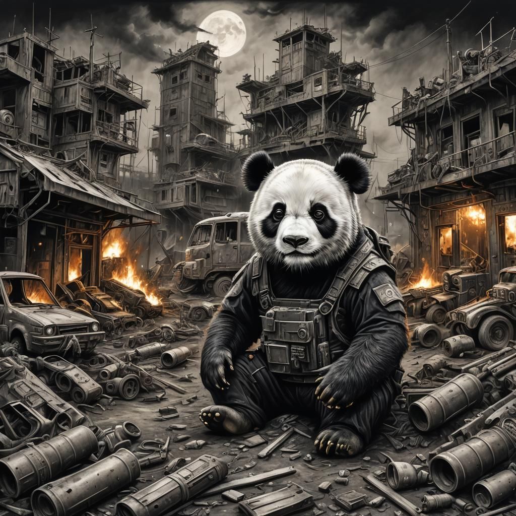 Post-Apocalyptic Junk Panda in Charcoal