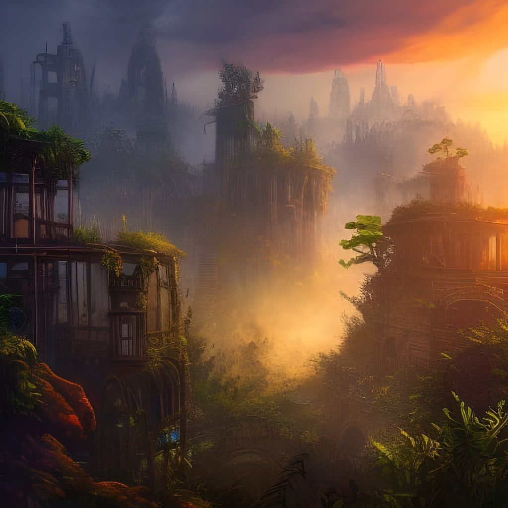 Steampunk Jungle City Ruins at Sunset