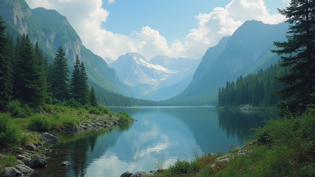 Lush Landscape Painting with Mountains and Lake