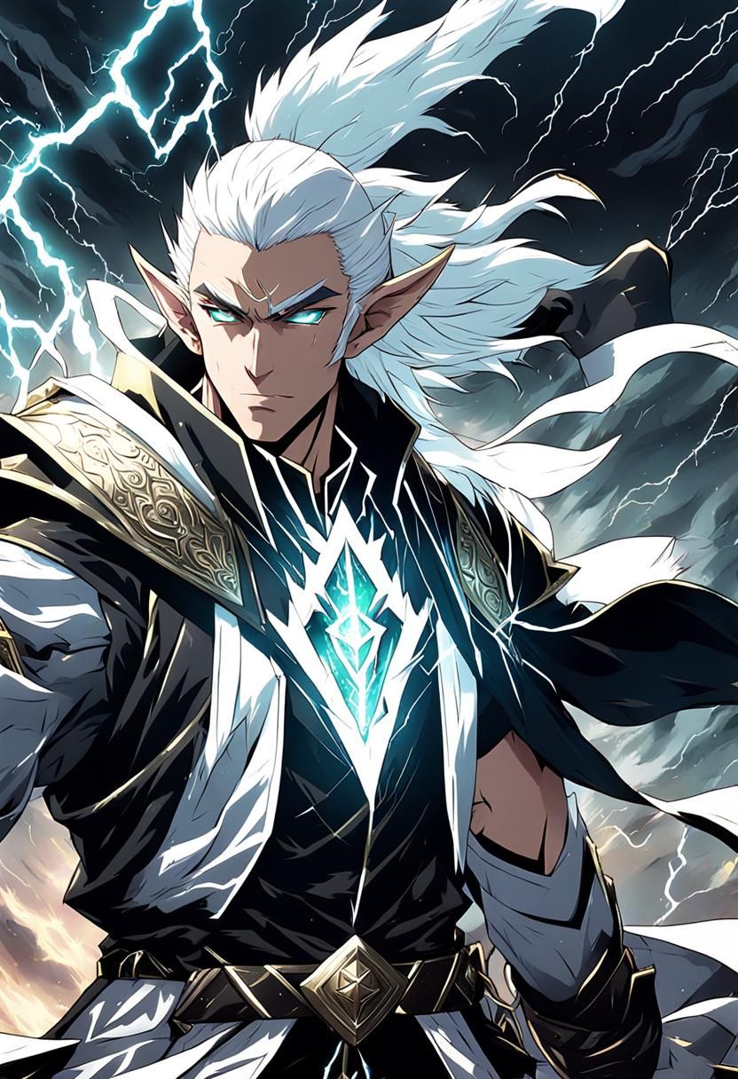 Manga-Style Anime Elf Cleric with White Hair and Lightning