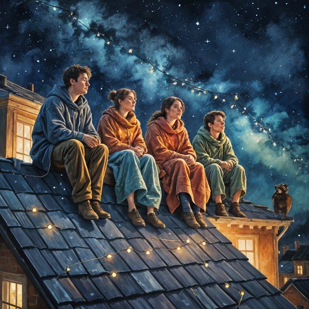 Ethereal Rooftop Gathering in Vibrant Gouache