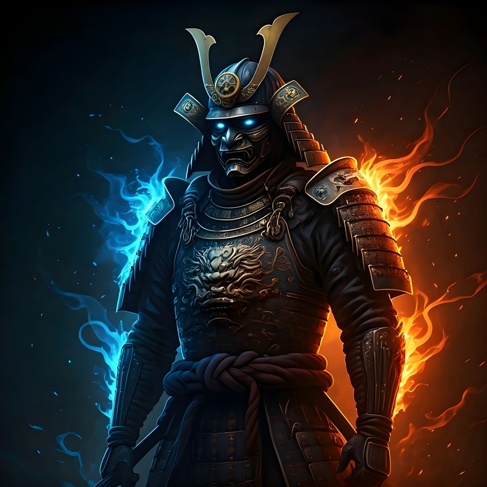 Epic Samurai in Vibrant Blue and Orange Hues