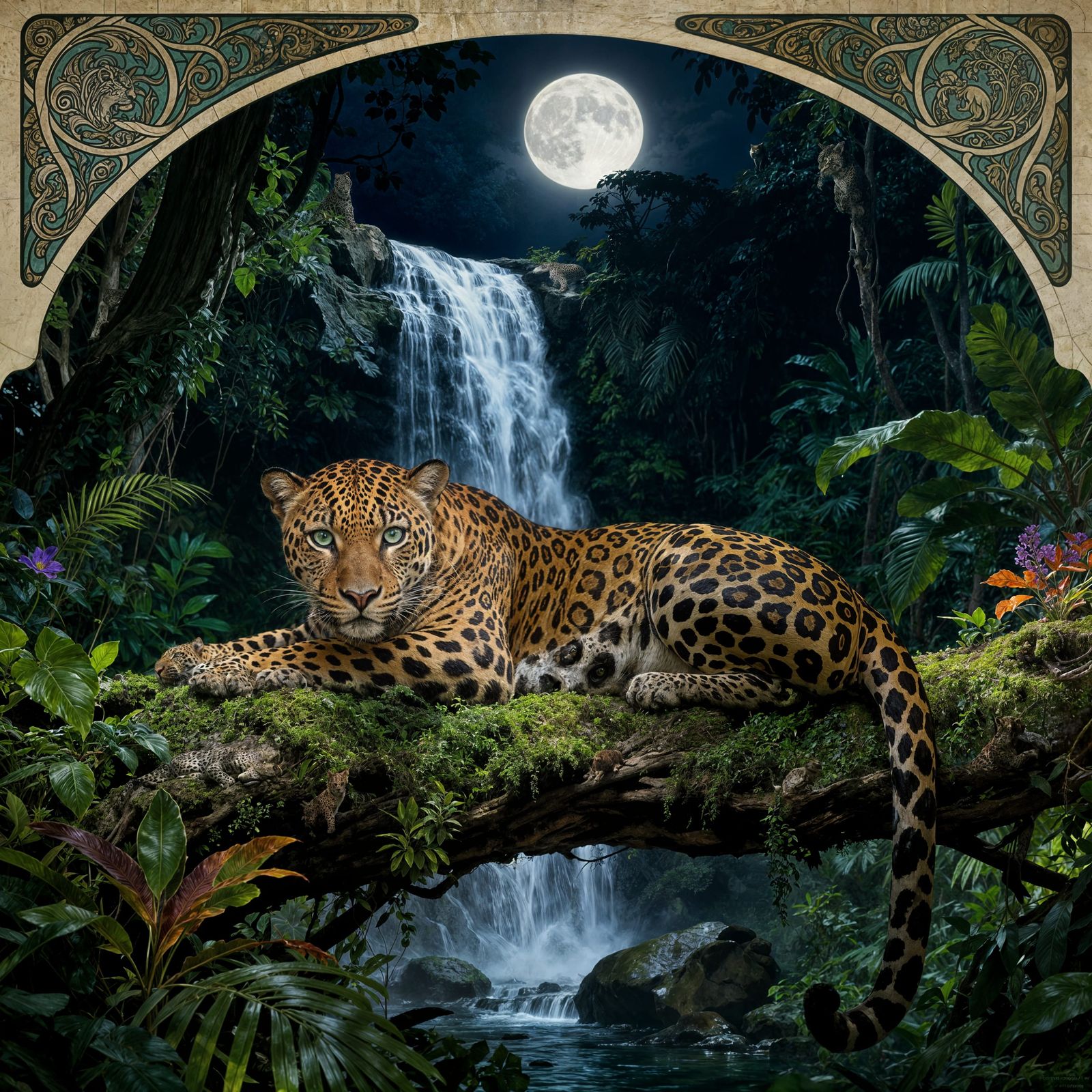 Hyperrealistic Jaguar Rests by Moonlit Waterfall in Art Nouv...