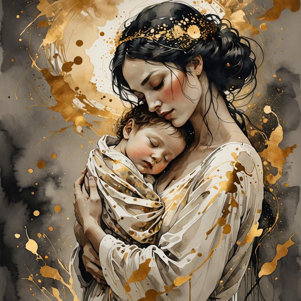 Ethereal Mother and Child Watercolor Art