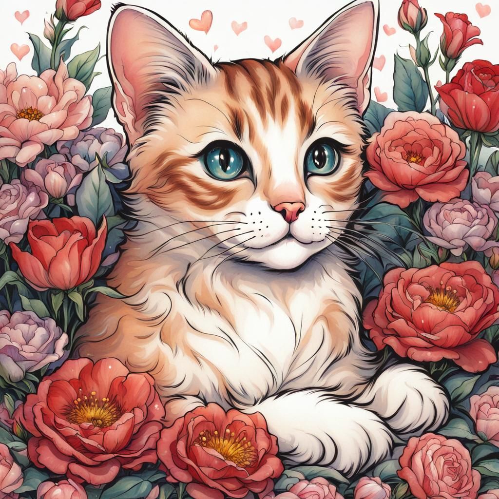 Cat on Pillow in Floral Setting, J. Scott Campbell Style