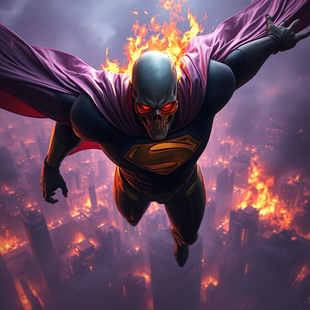 Fiery Skull Superman in Dark Fantasy Metropolis