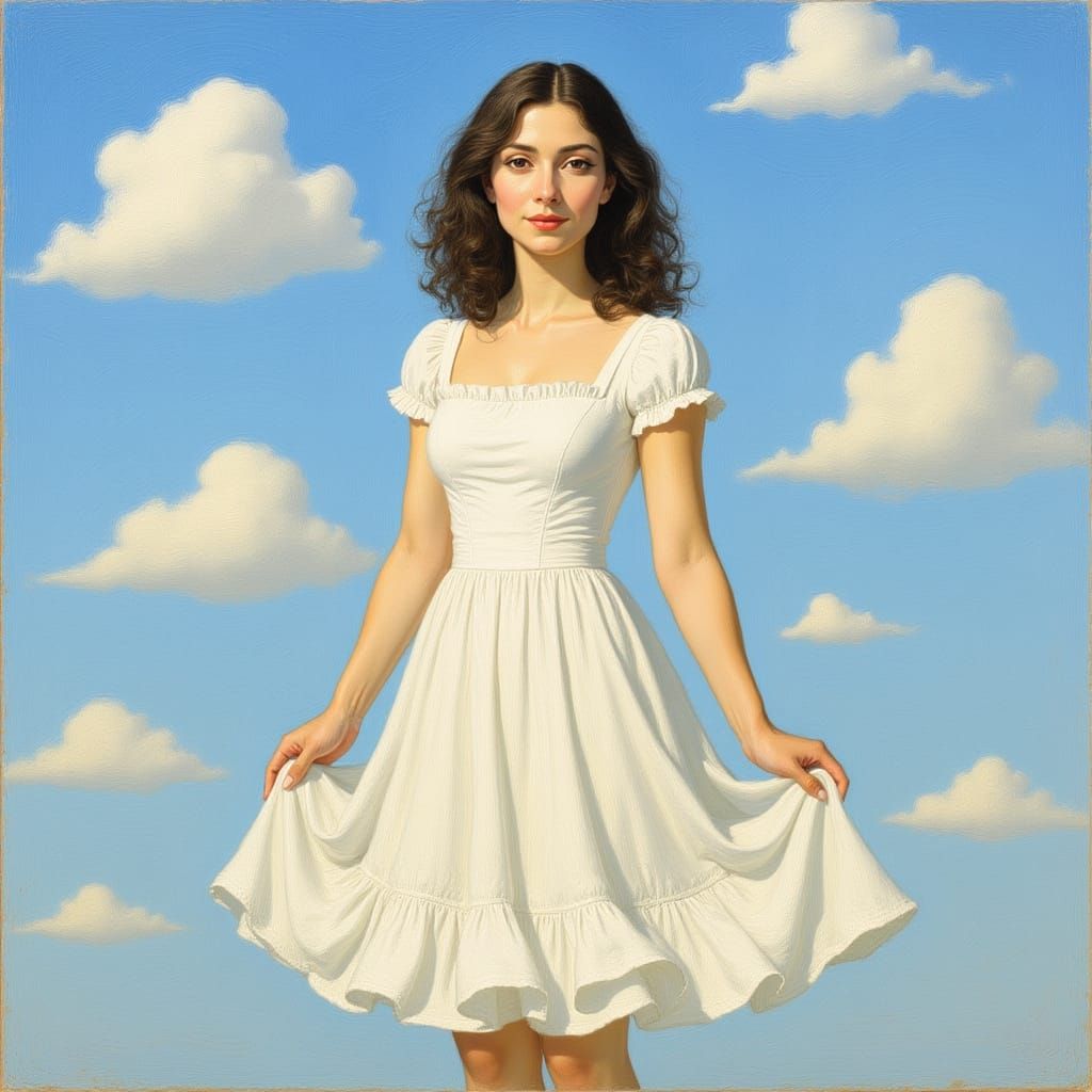 Woman in White Dress Under Blue Sky: Impressionistic Art