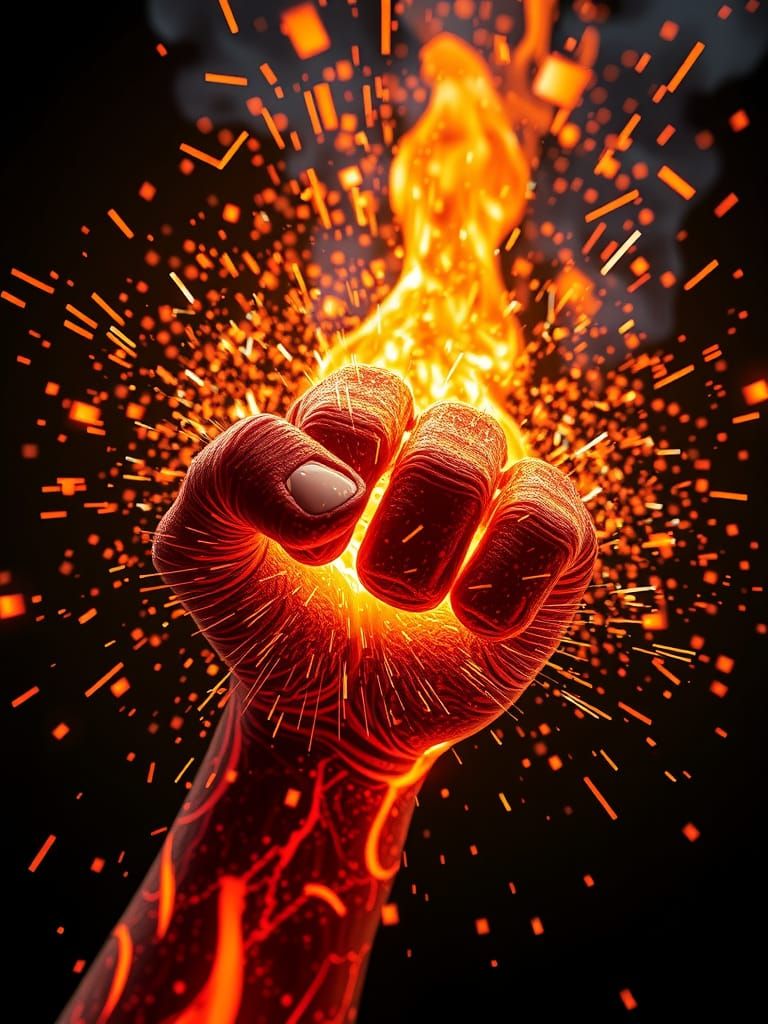 Dramatic Molten Metal Fist with Fiery Sparks