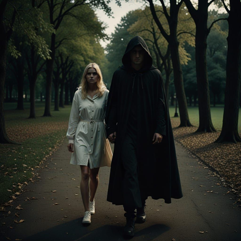 Ethereal Woman in Black Knight's Embrace Under Starry Night