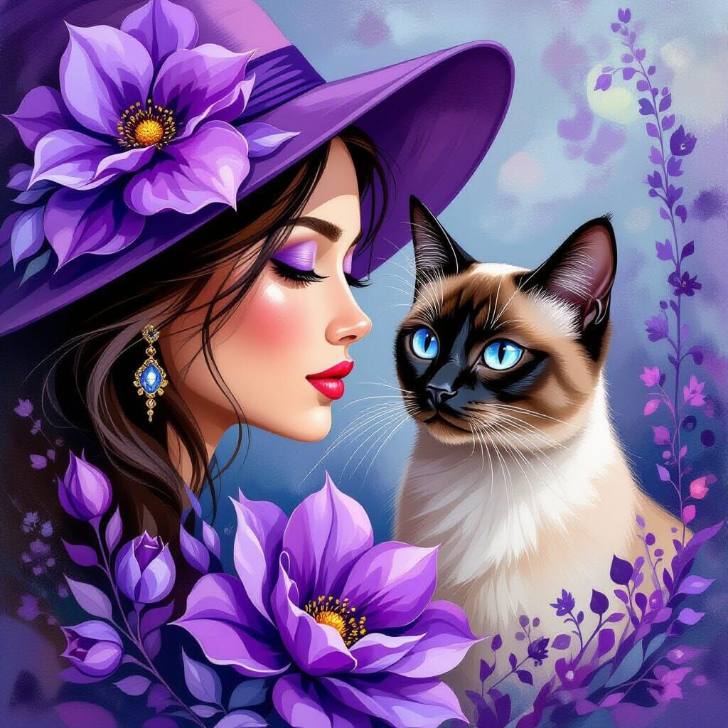 Woman with Siamese Cat and Purple Flower
