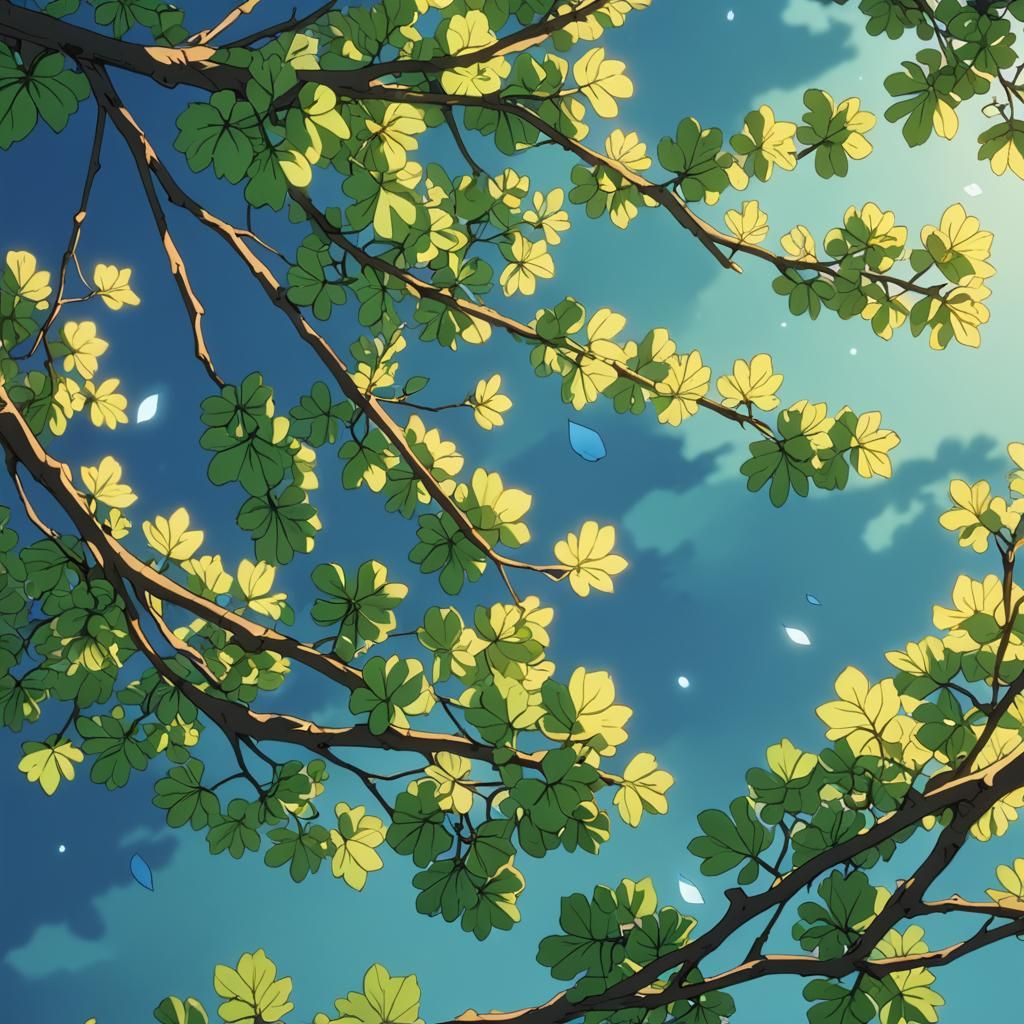 Anime Style Tree Branches on Blue Background