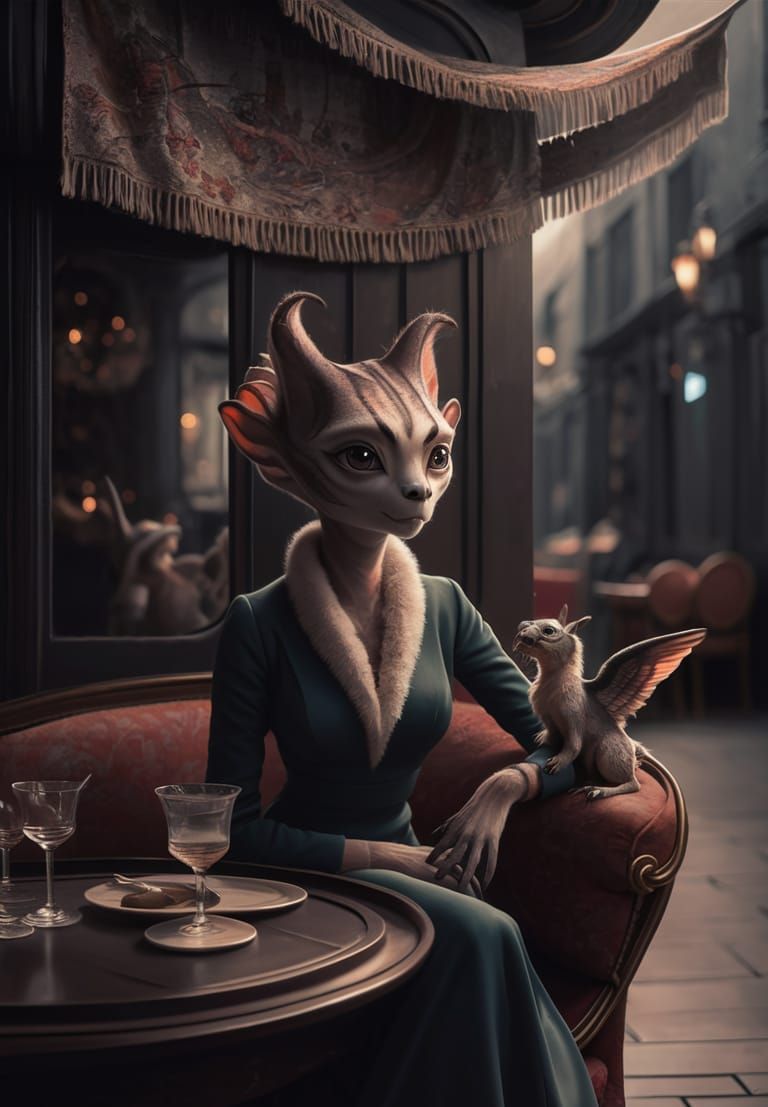 Anthropomorphic Tzeire Listens to the Sea in Cafe