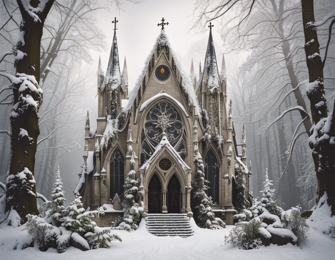 Gothic Church with Garland and Snow