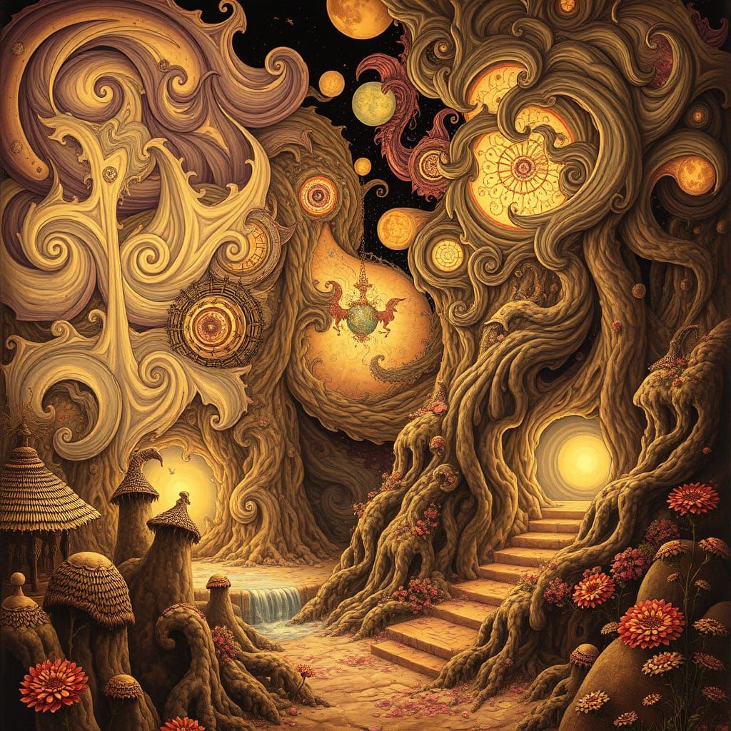 Surreal Old-Timey Landscape in Art Nouveau Psychedelic Style