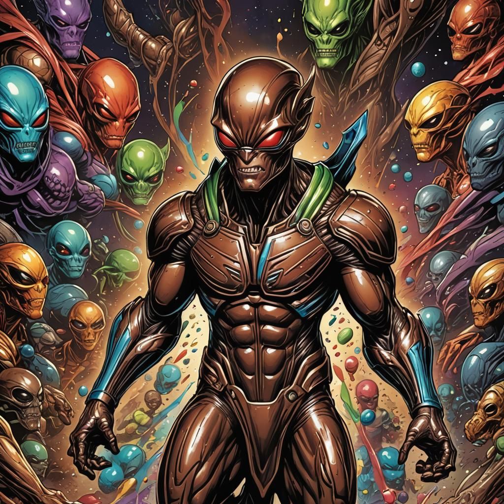 Chocolate Rainbow Alien Superhero in Comic Book Style