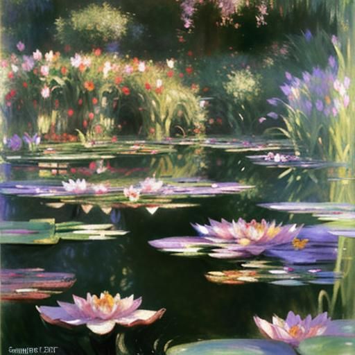 Vibrant Lily Pond in Impressionistic Style