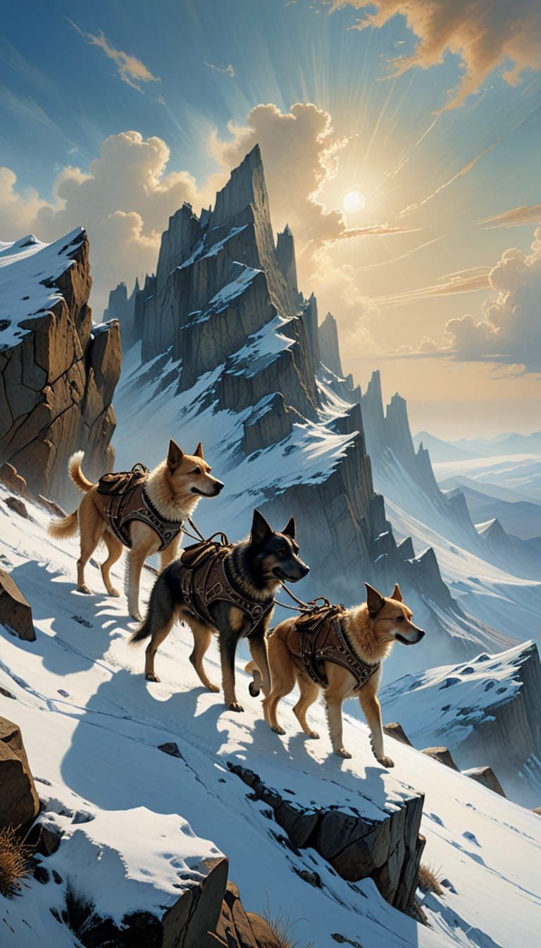 Dogs Conquer a Majestic, Snow-Covered Mountain in Earth-Tone...