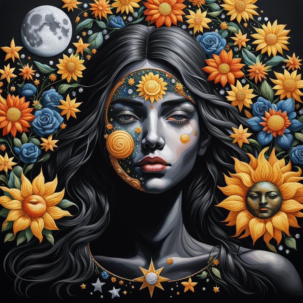Sun and Moon Woman's Face with Floral Embroidery