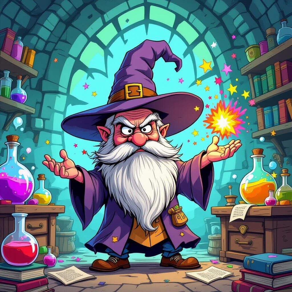 Grumpy Wizard's Flower Spell in Comic Style