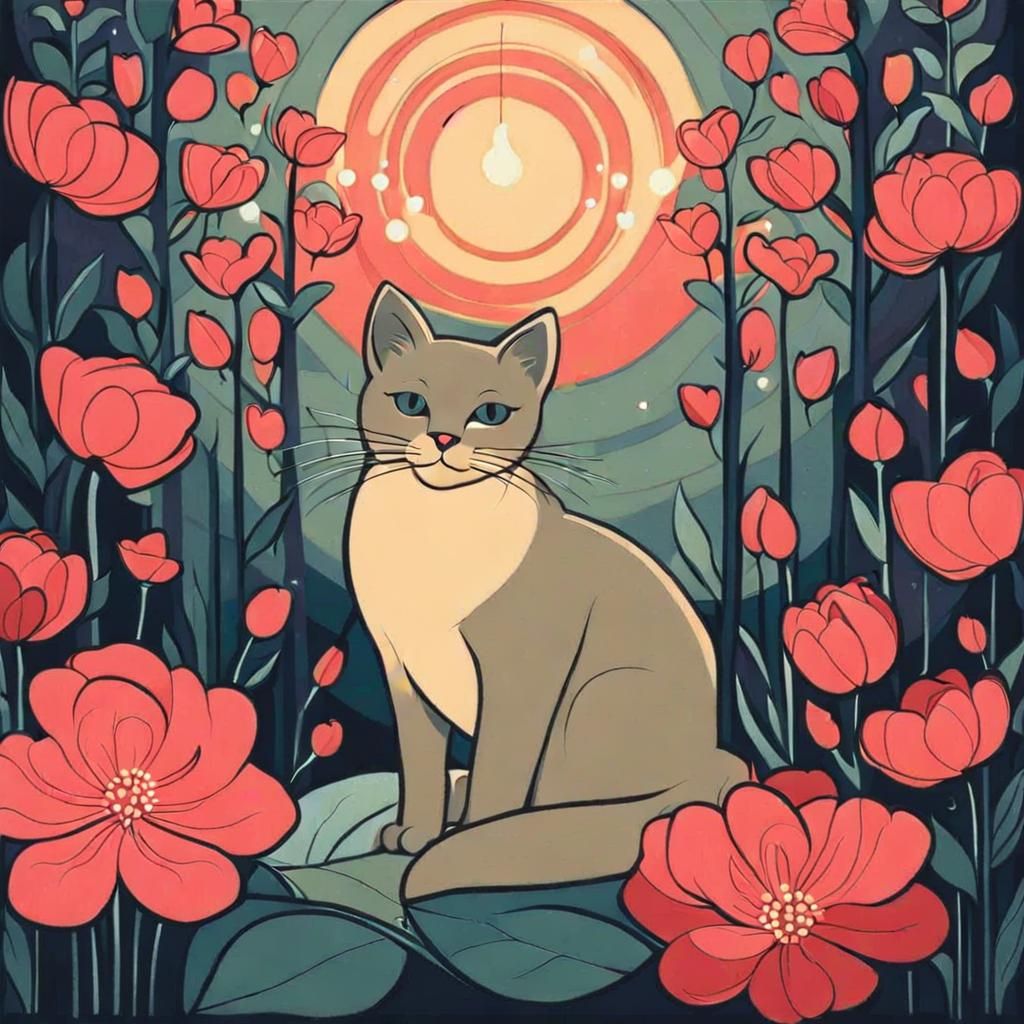 Cat with Flowers in Harlem Renaissance Style