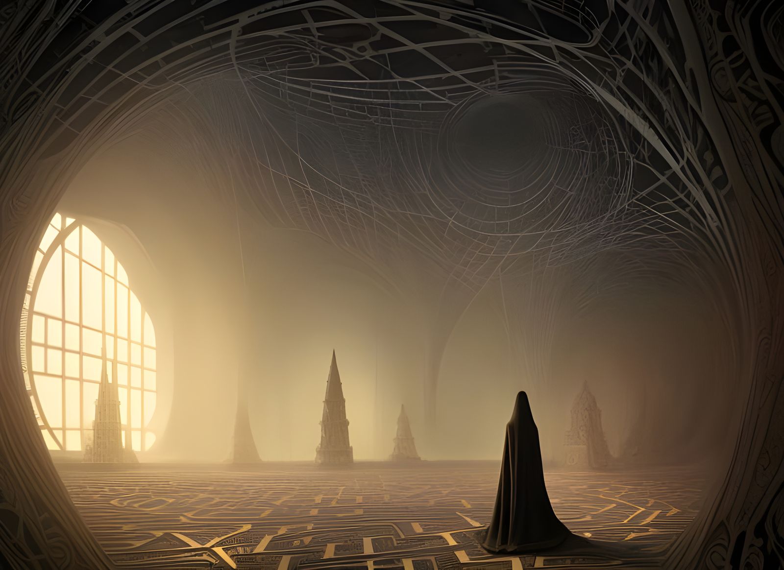 Cloaked Figure in Geometric Maze: Surreal Digital Art