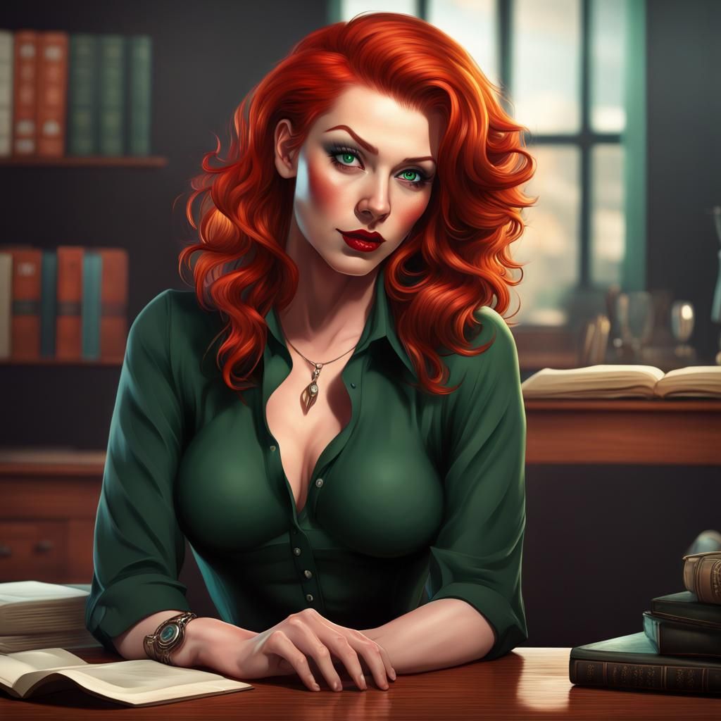 Alt Goth Redhead in Law Office, Comic Book Art