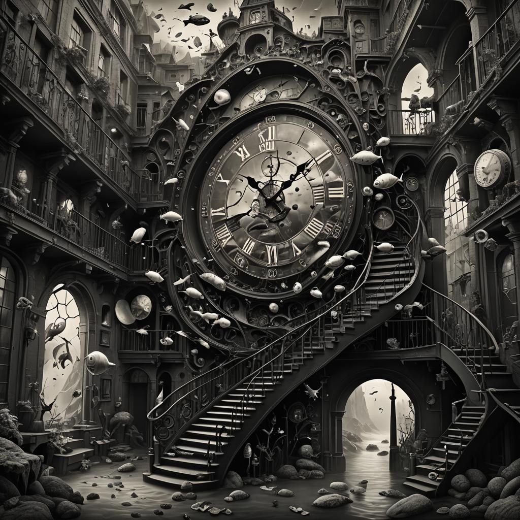 Surreal Black and White Scene with Melting Clocks