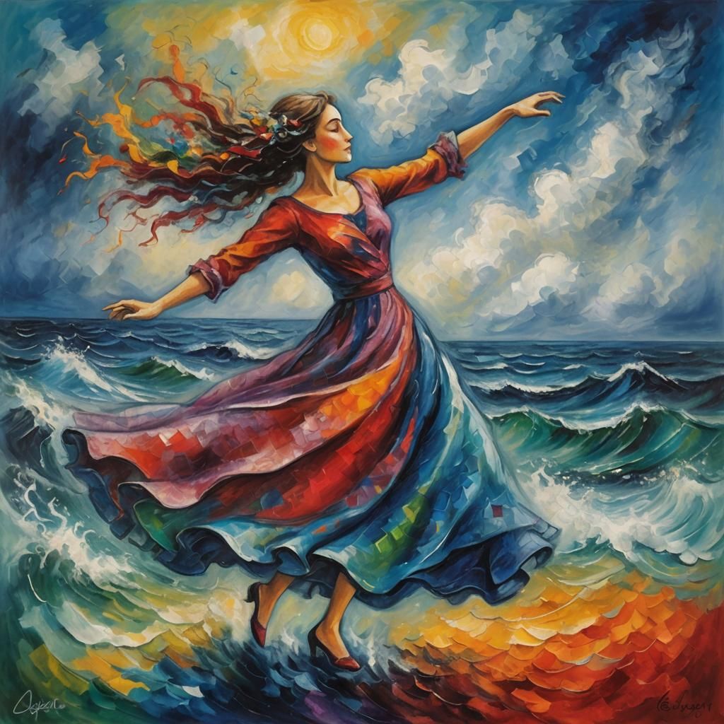 Woman Dancing on Stormy Ocean in Chagall Style
