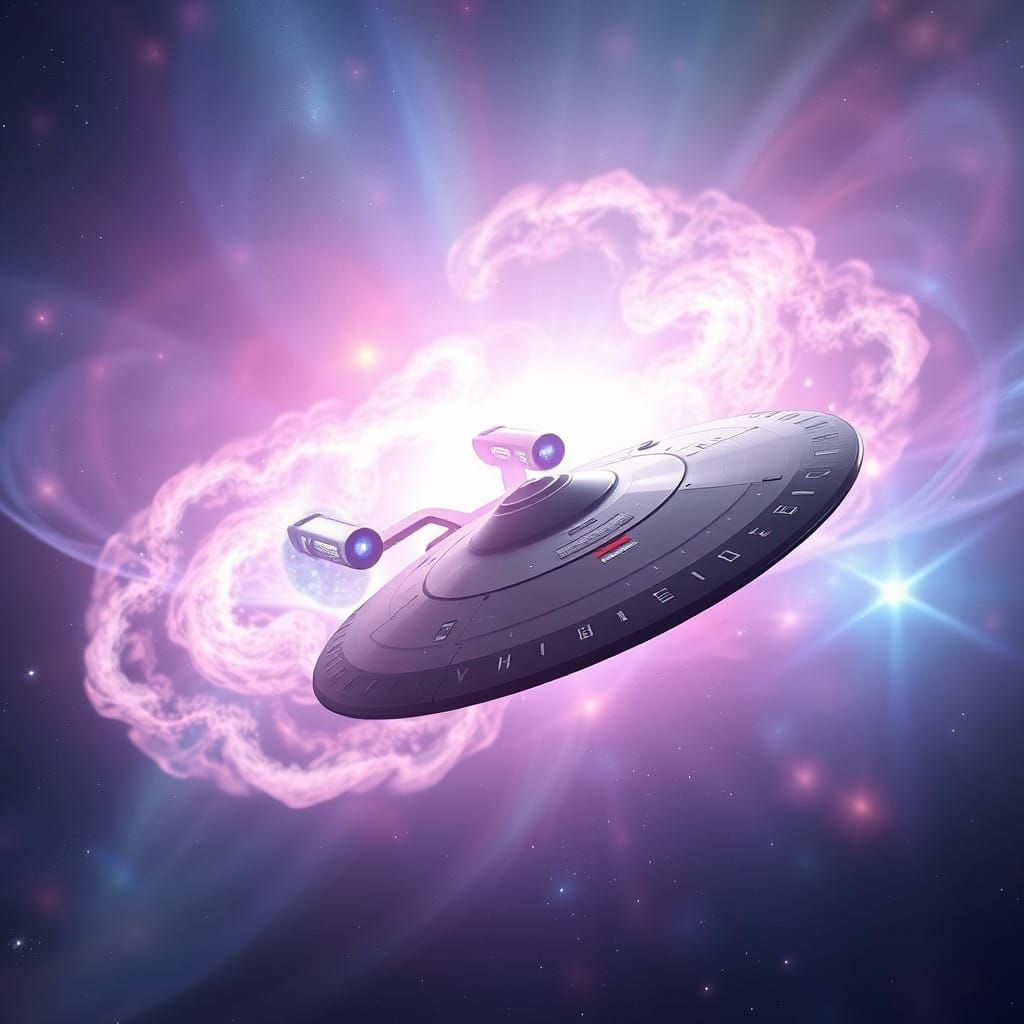 Starship Enterprise Set Against a Vibrant Iridescent Nebula