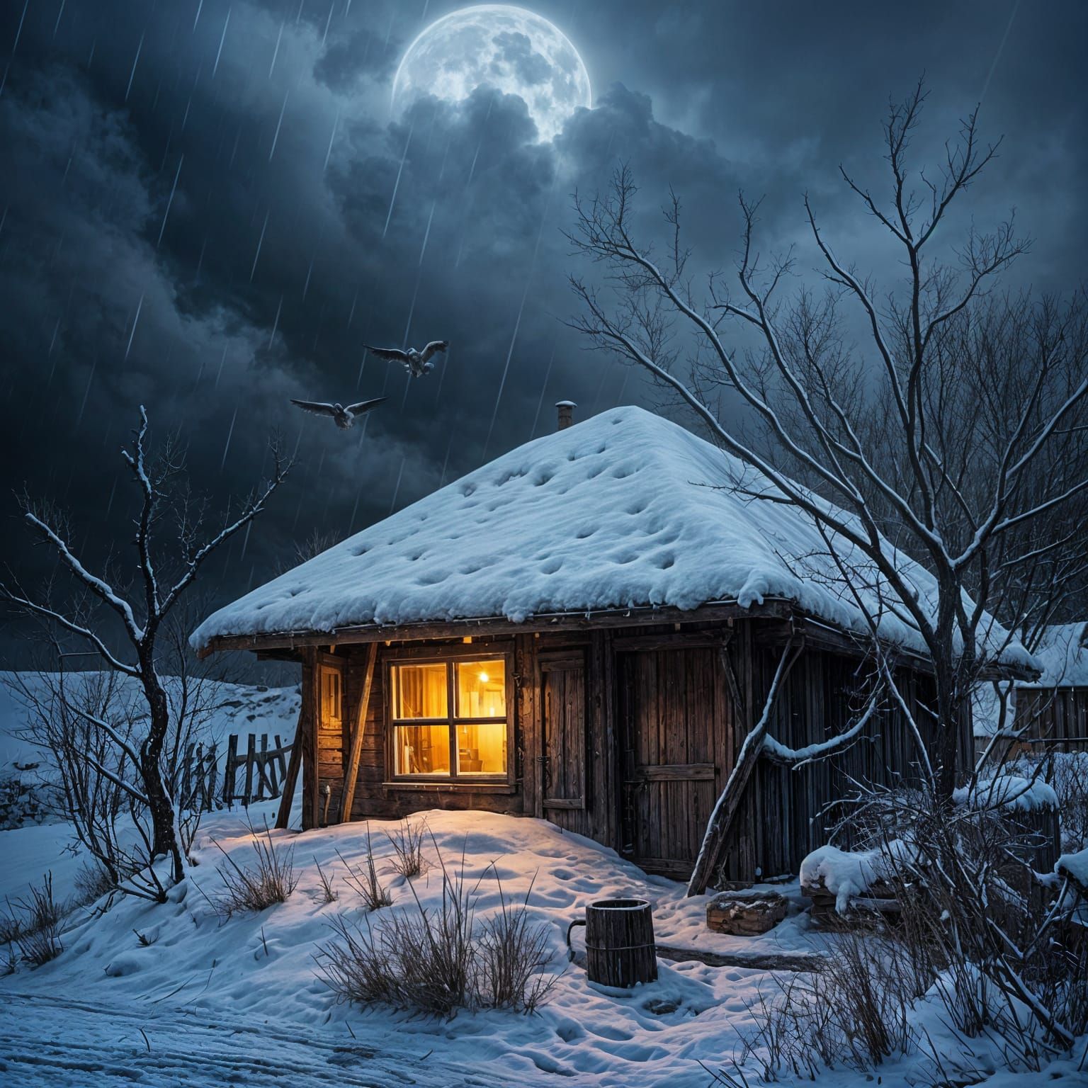 Stormy Landscape with Whirling Snow and Rustling Roof