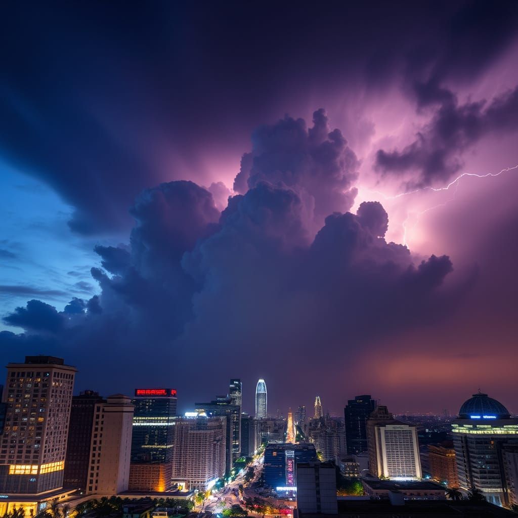 Stormy Cityscape at Night, in Gritty High-Contrast Photograp...
