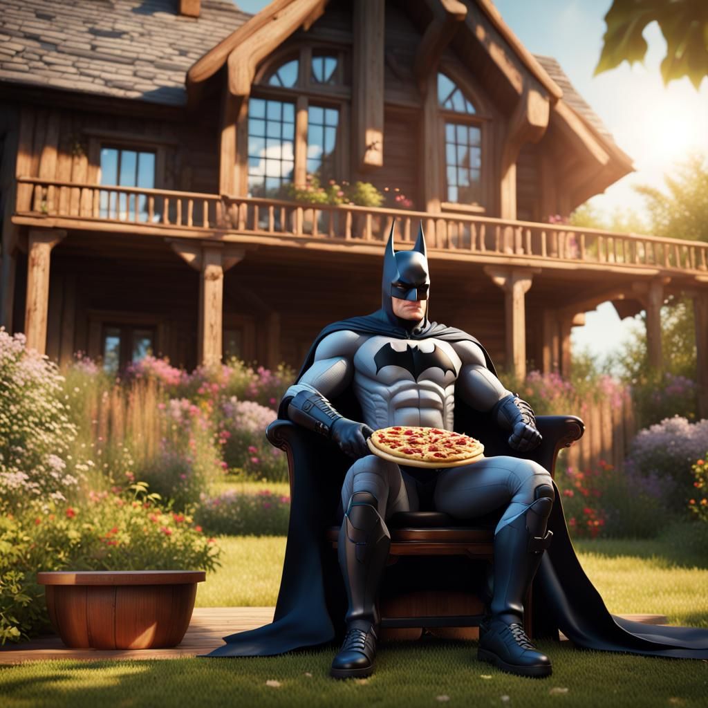 Batman Enjoys Pizza in Garden on Sunny Day