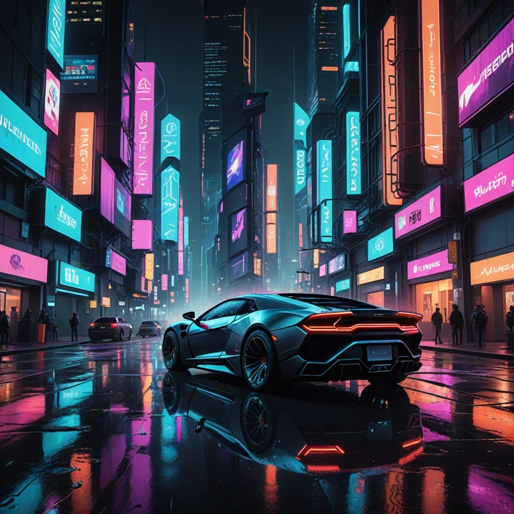 Cyberpunk Cityscape with Neon Lights and Futuristic Cars