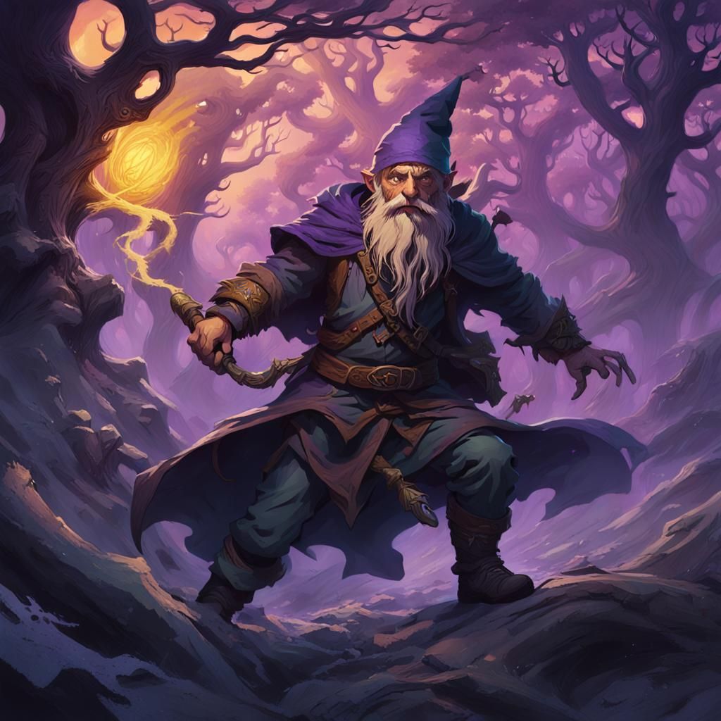 Gnome Ranger Attacks Mage in Dark Fantasy Style
