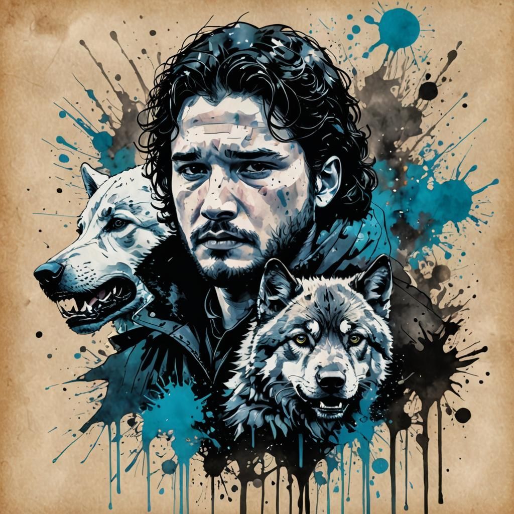 Jon Snow and Direwolf Ink Painting