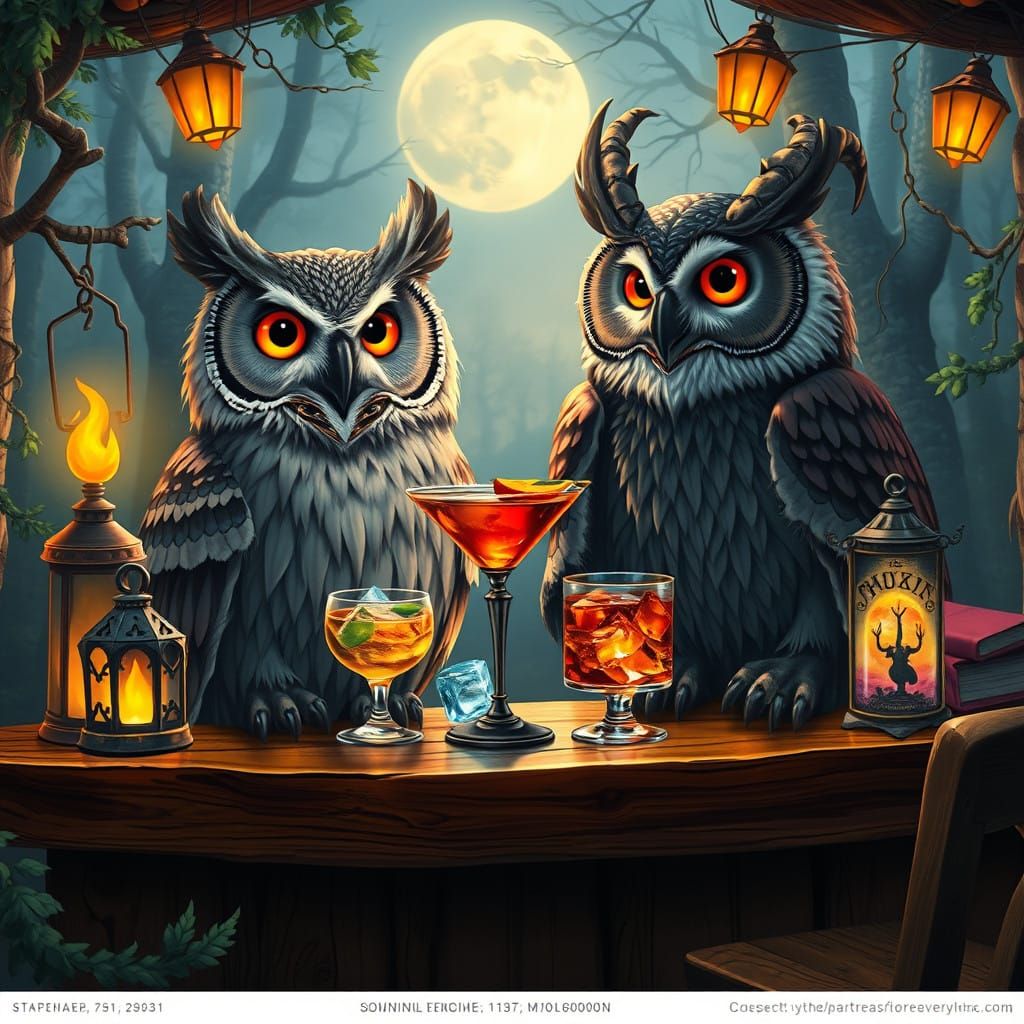 Whimsical Owls Enjoy Fancy Cocktails in an Enchanted Forest