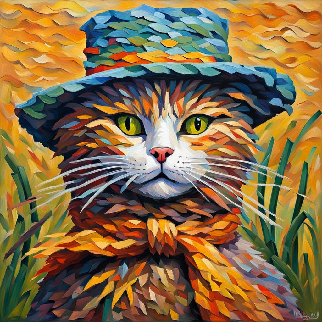 Scarecrow Cat in Expressionist Oil Painting Style