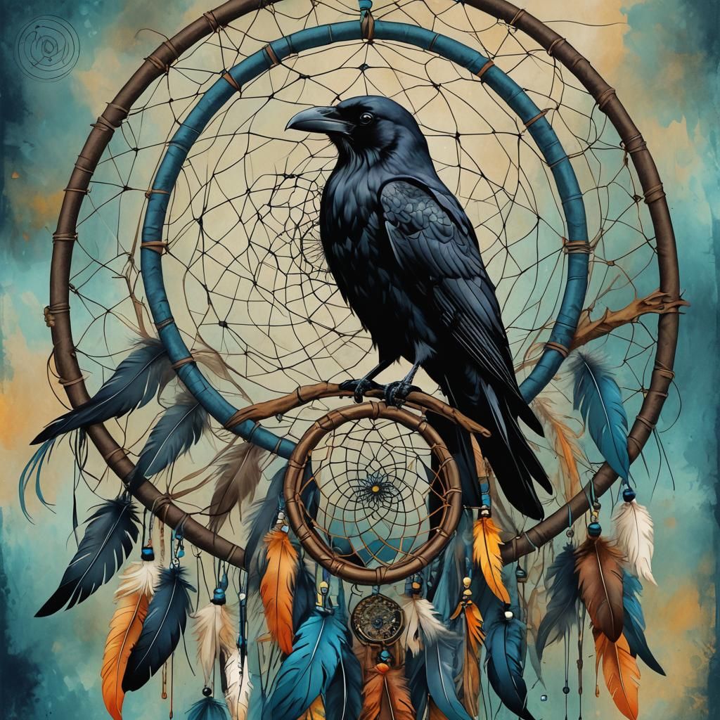 Crow on Dreamcatcher: Abstract Art in Complementary Colors