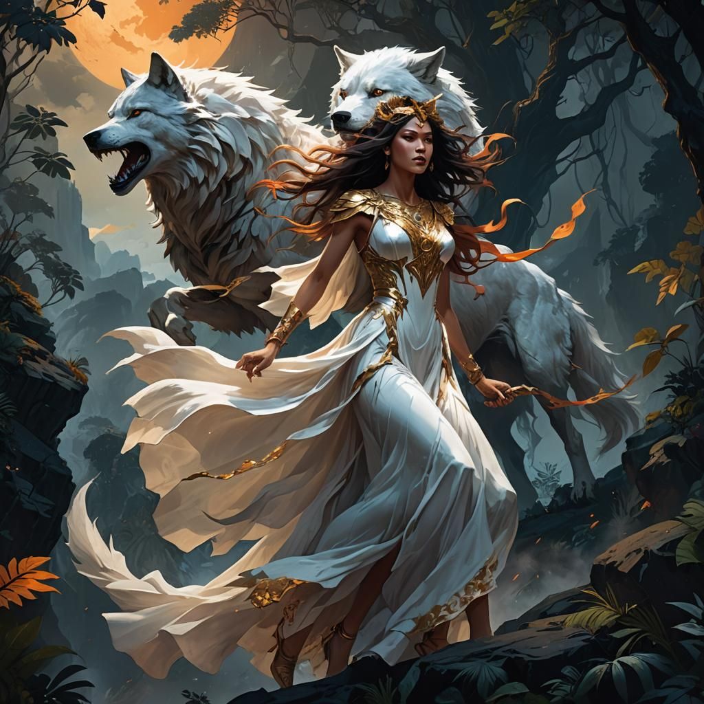 Woman Battles Wolf on Jungle Cliff in Fantasy Art