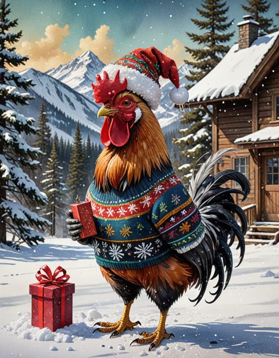 Festive Rooster in Snowy Wonderland with Gift