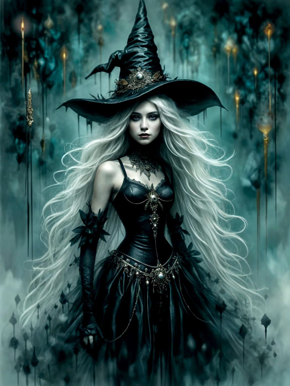 Romantic Goth Witch in Teal Setting